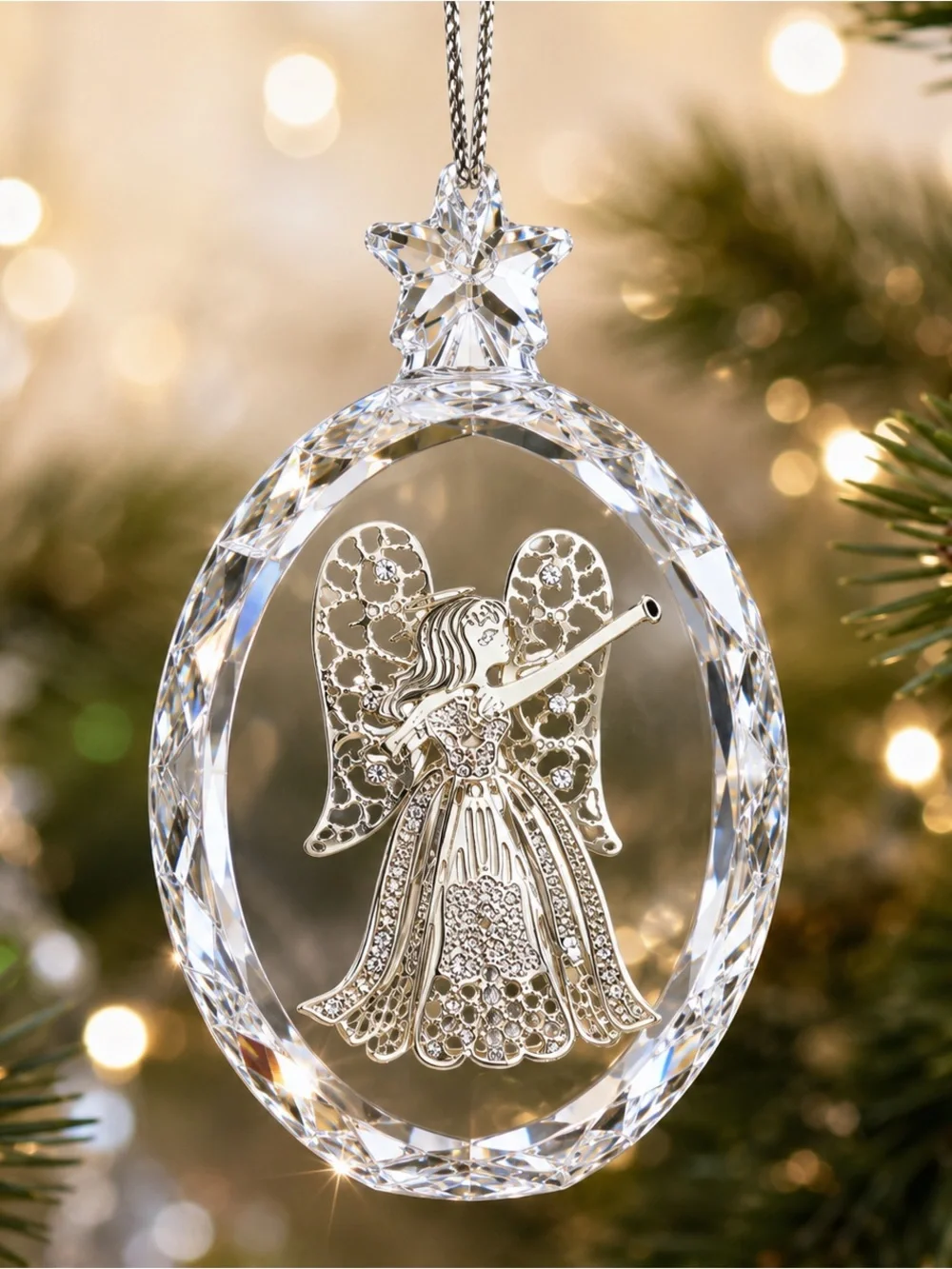 Vintage Lenox Celestial Angel Clear Crystal Egg Ornament Blue Gem Accents